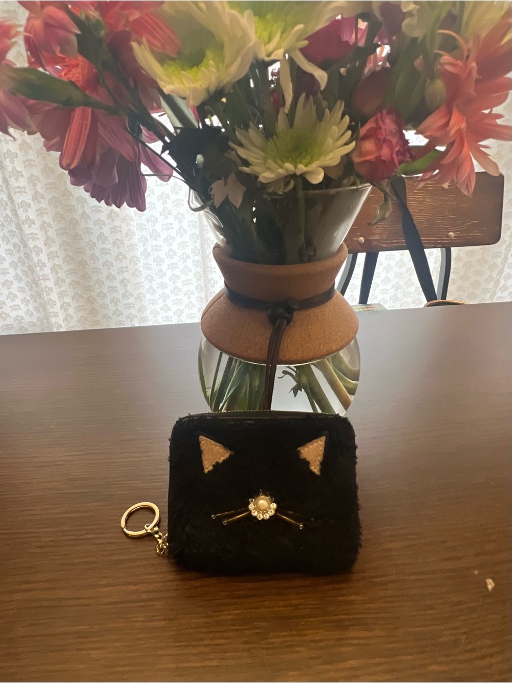 Kate Spade NY Dani Brighton Lane Black Cat Faux Fur Keychain Wallet